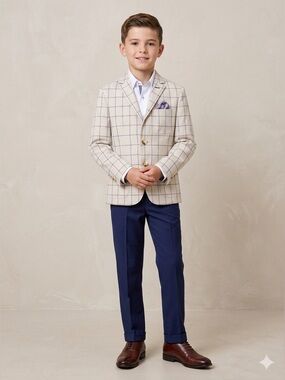 Leo & Zachary Boy's 2-Piece Suit - Beige & Blue Windowpane - Size 8 - EUC